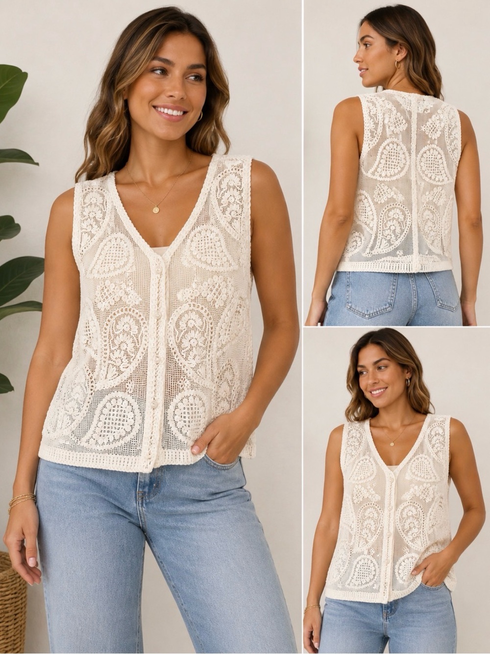LIV Los Angeles NWT Ivory Crochet Embroidered Vest Size L